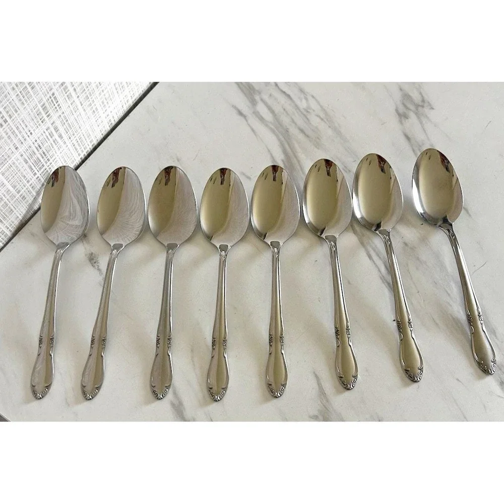 Vintage Oneida Stainless Steel Chateau Flatware Table Spoons Floral Set of 8 BxA